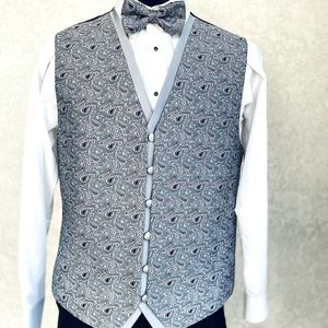 After Six paisley silver grey vest with matching bow tie